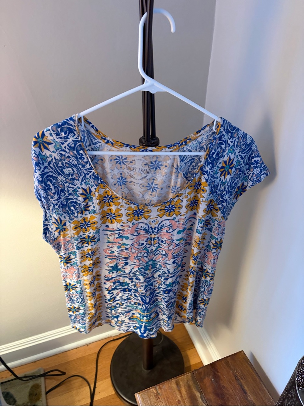 Lucky Brand Blue, Yellow & Cream Floral Scoop Neck Tee